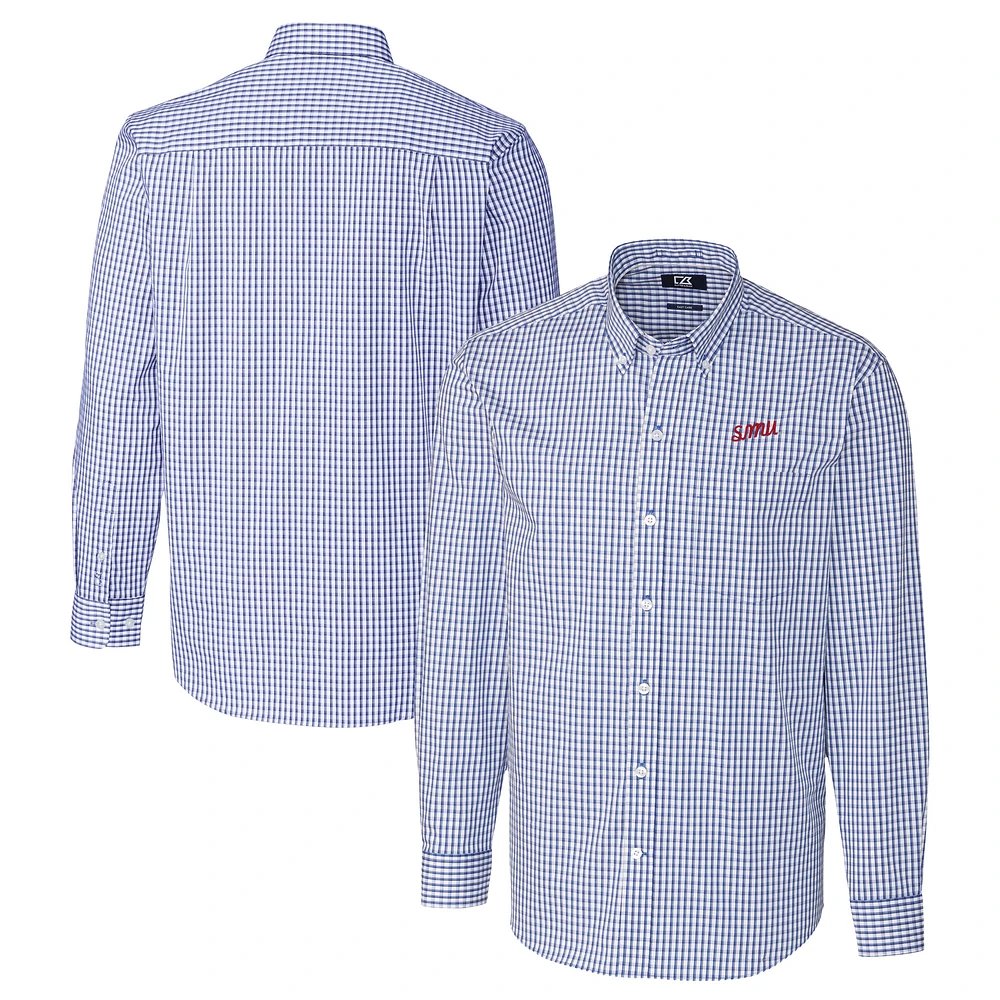Men's Cutter & Buck Blue SMU Mustangs Vault Easy Care Stretch Gingham Long Sleeve Dress Shirt