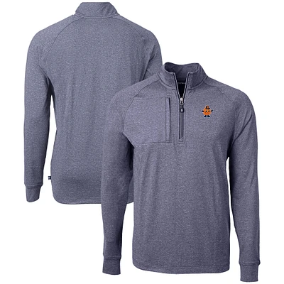 Men's Cutter & Buck Heather Navy Syracuse Orange Vault Adapt Eco Knit Heathered Recycled Raglan Quarter-Zip Top