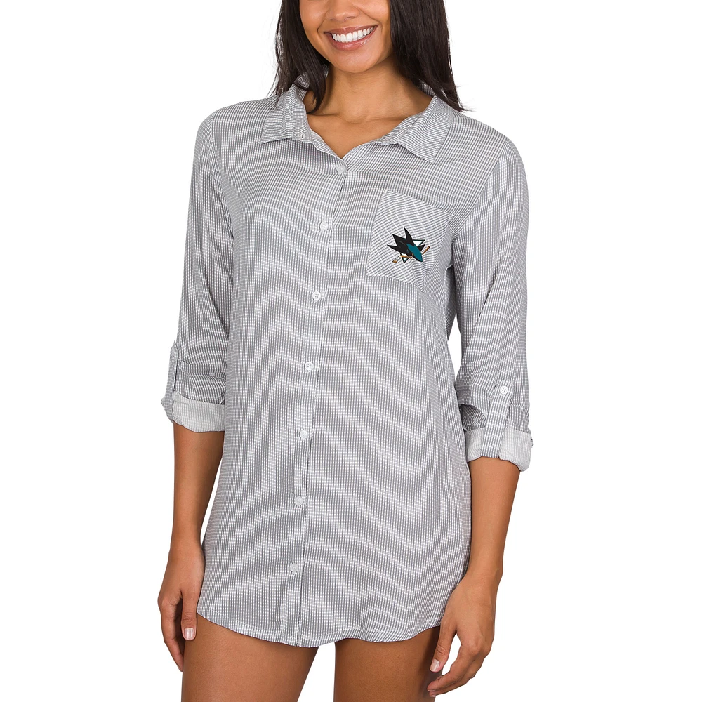 Women's Concepts Sport Gray/White San Jose Sharks Melody Woven Button-Up Long Sleeve Nightshirt
