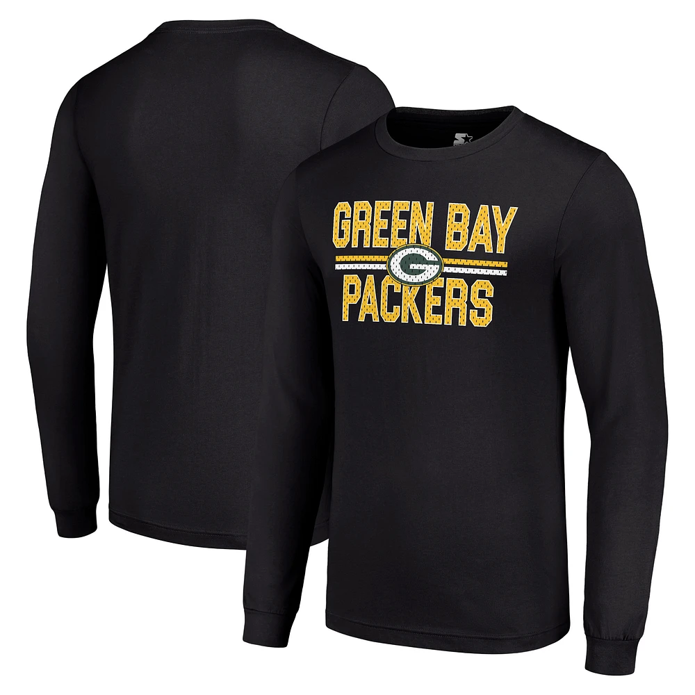 Men's Starter Black Green Bay Packers Team Mesh Print Graphic Long Sleeve T-Shirt