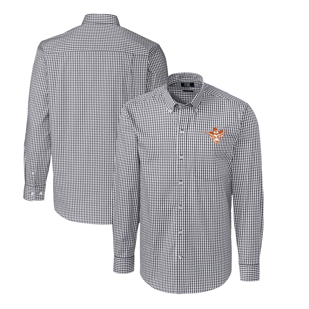 Men's Cutter & Buck Charcoal Texas Longhorns Easy Care Stretch Gingham Big & Tall Long Sleeve Button-Down Dress Shirt