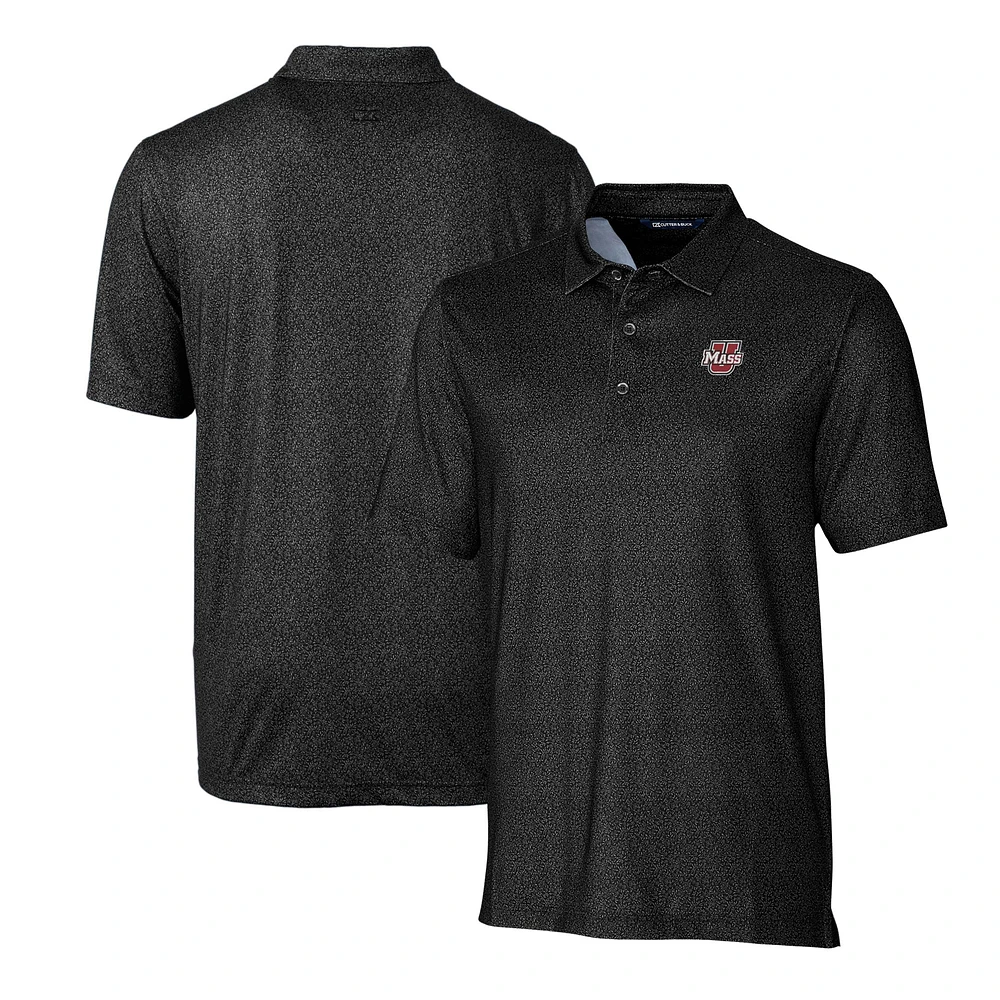 Men's Cutter & Buck Black UMass Minutemen Pike Micro Floral Print Stretch Polo