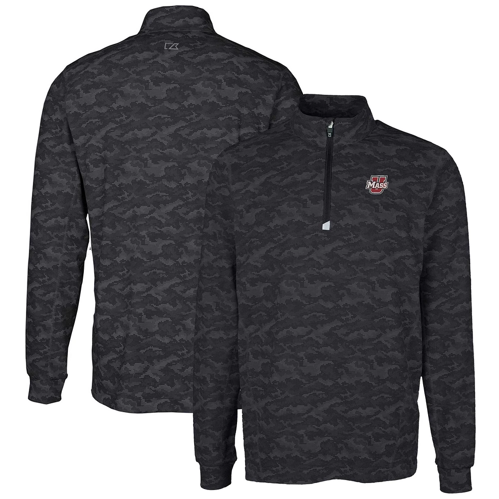 Men's Cutter & Buck Black UMass Minutemen Traverse Camo Print Stretch Quarter-Zip Pullover Top