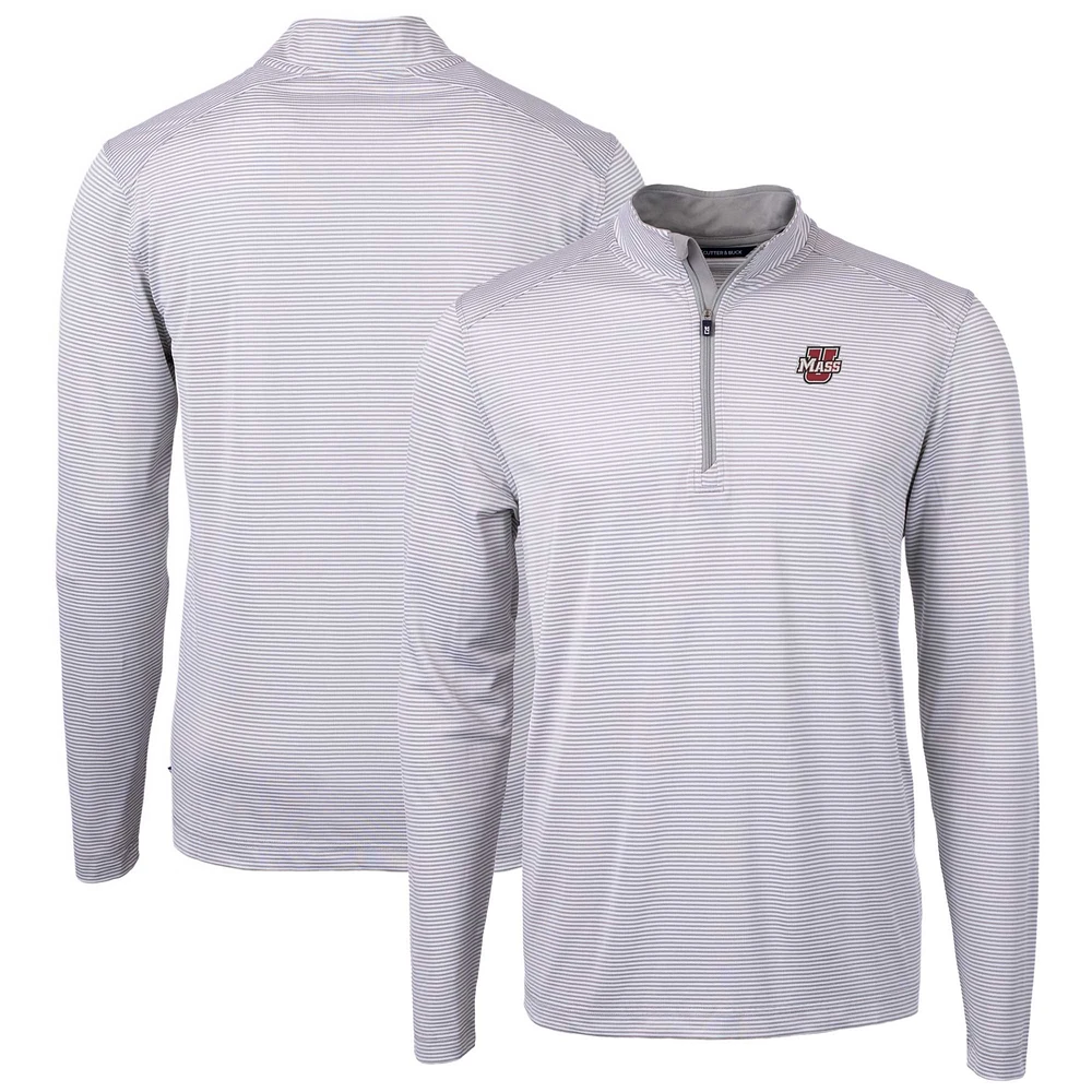 Men's Cutter & Buck Gray UMass Minutemen Virtue Eco Pique Micro Stripe Recycled Quarter-Zip Pullover Top