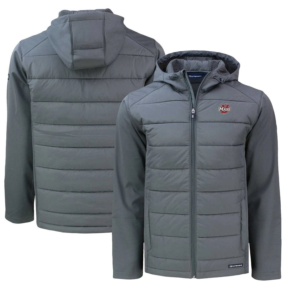 Men's Cutter & Buck Charcoal UMass Minutemen Evoke Hybrid Eco Softshell Recycled Full-Zip Hoodie Jacket