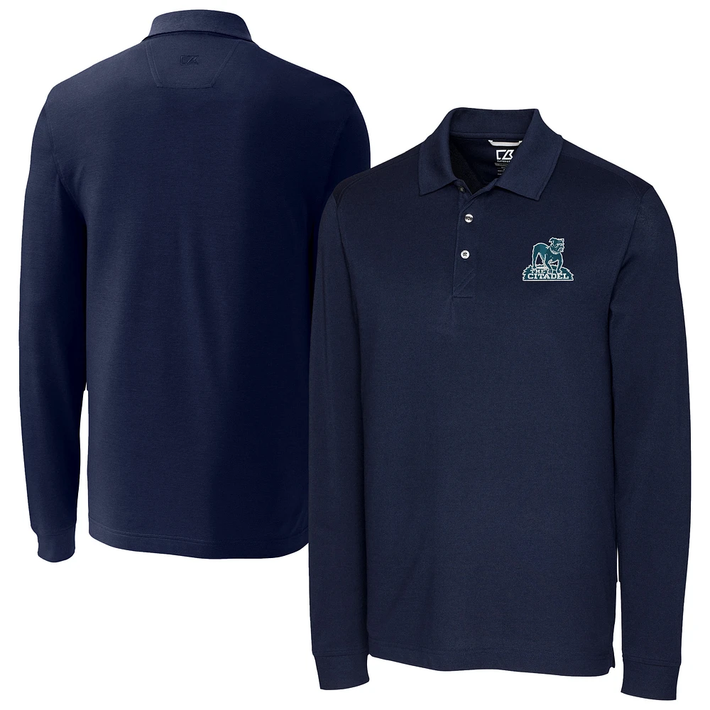 Men's Cutter & Buck Navy Citadel Bulldogs Big Tall Tri-Blend Pique Long Sleeve DryTec Polo