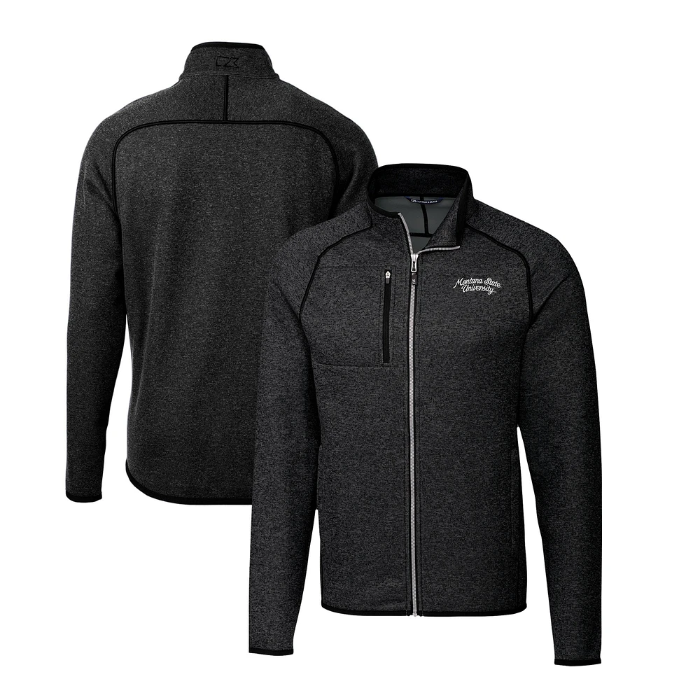 Men's Cutter & Buck Heather Charcoal Montana State Bobcats Big Tall Mainsail Sweater-Knit Full-Zip Jacket