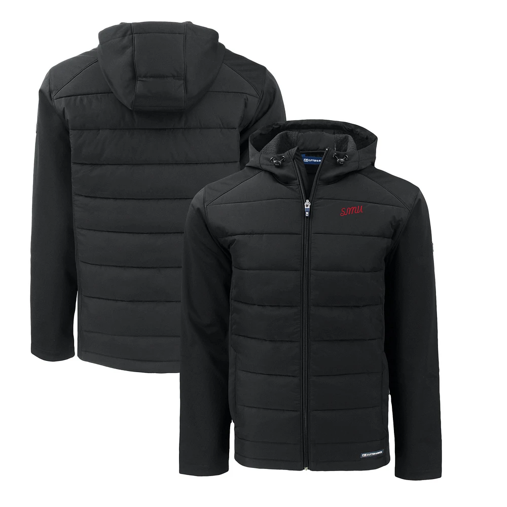 Men's Cutter & Buck Black SMU Mustangs Big Tall Evoke Hybrid Eco Softshell Recycled Full-Zip Hooded PrimaLoft Jacket