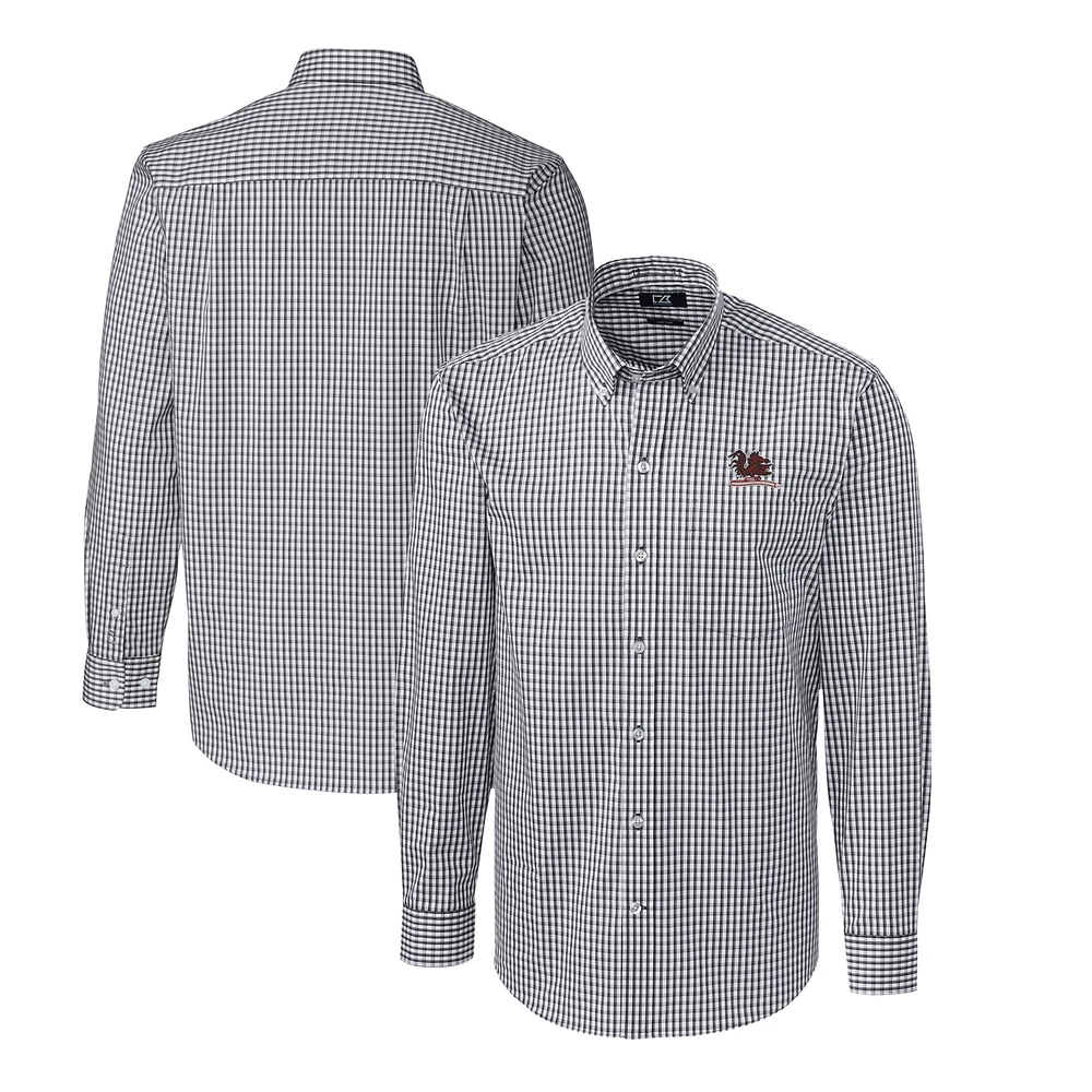 Men's Cutter & Buck Charcoal South Carolina Gamecocks Easy Care Stretch Gingham Big Tall Long Sleeve Button-Down Dress Shirt
