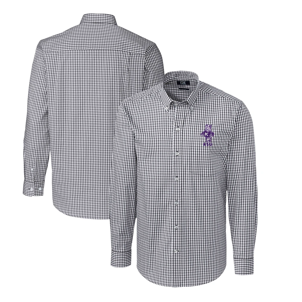 Men's Cutter & Buck Charcoal Kansas State Wildcats Easy Care Stretch Gingham Big Tall Long Sleeve Button-Down Dress Shirt