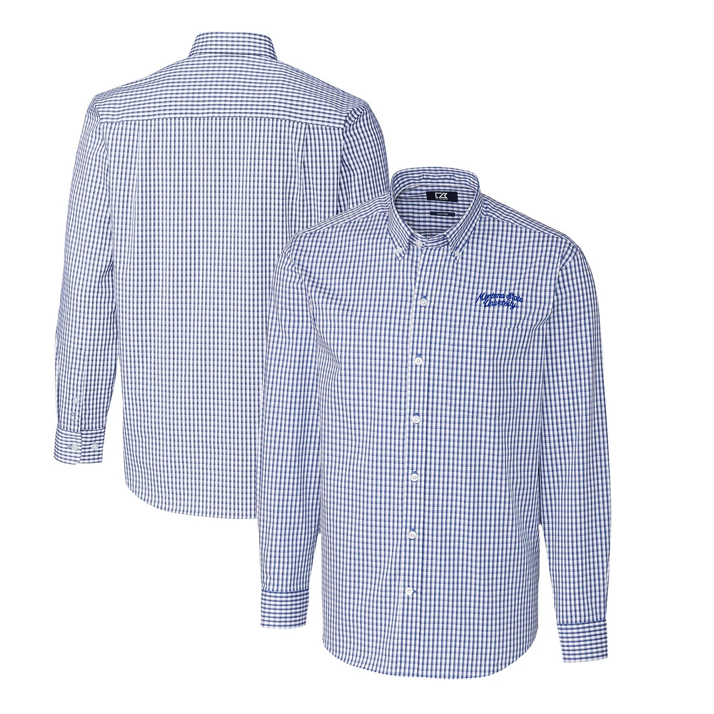 Men's Cutter & Buck Blue Montana State Bobcats Easy Care Stretch Gingham Big Tall Long Sleeve Button-Down Dress Shirt