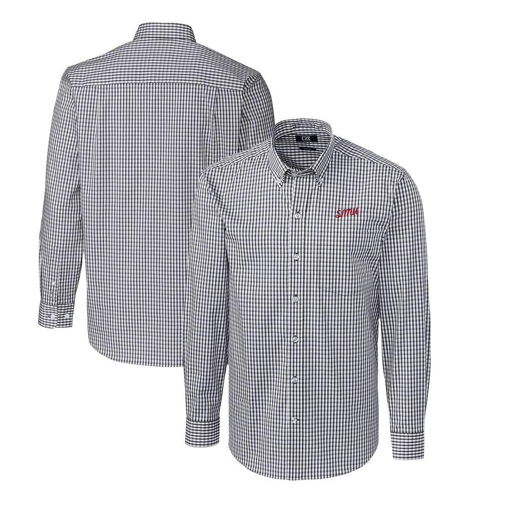 Men's Cutter & Buck Charcoal SMU Mustangs Easy Care Stretch Gingham Big Tall Long Sleeve Button-Down Dress Shirt