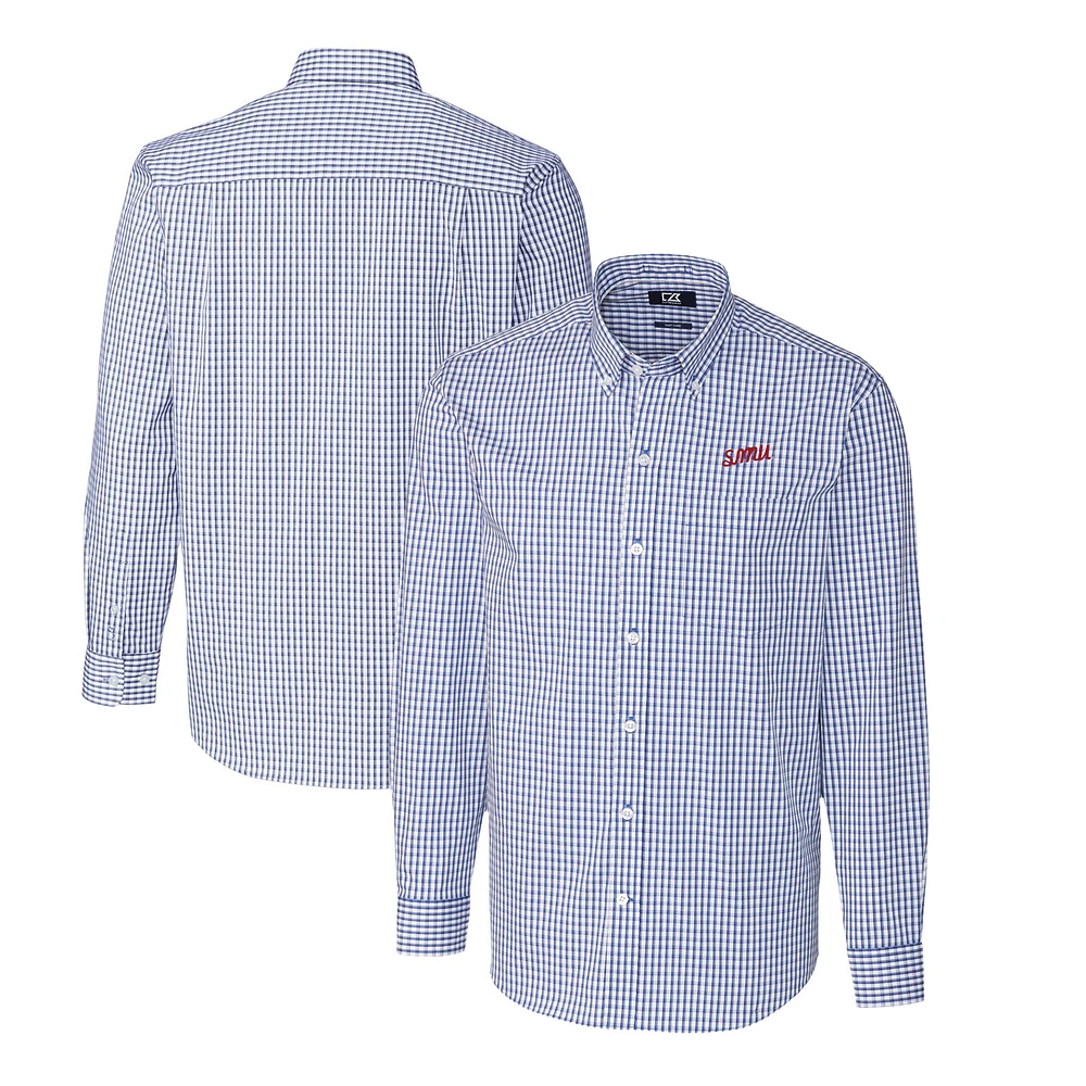 Men's Cutter & Buck Royal SMU Mustangs Easy Care Stretch Gingham Big Tall Long Sleeve Button-Down Dress Shirt