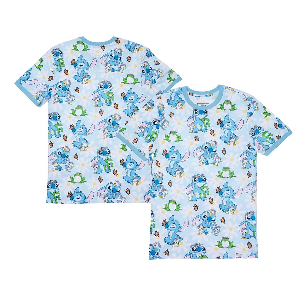 Unisex Loungefly Light Blue Lilo and Stitch Springtime Daisy Allover Print T-Shirt