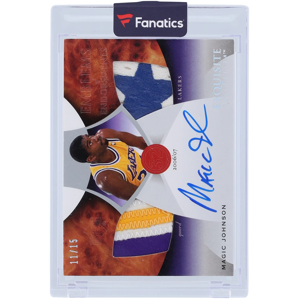 Magic Johnson Los Angeles Lakers Autographed 2006-07 Upper Deck Exquisite Dual Tri-Color Game Used Relic #EM-MA #11/15 Card