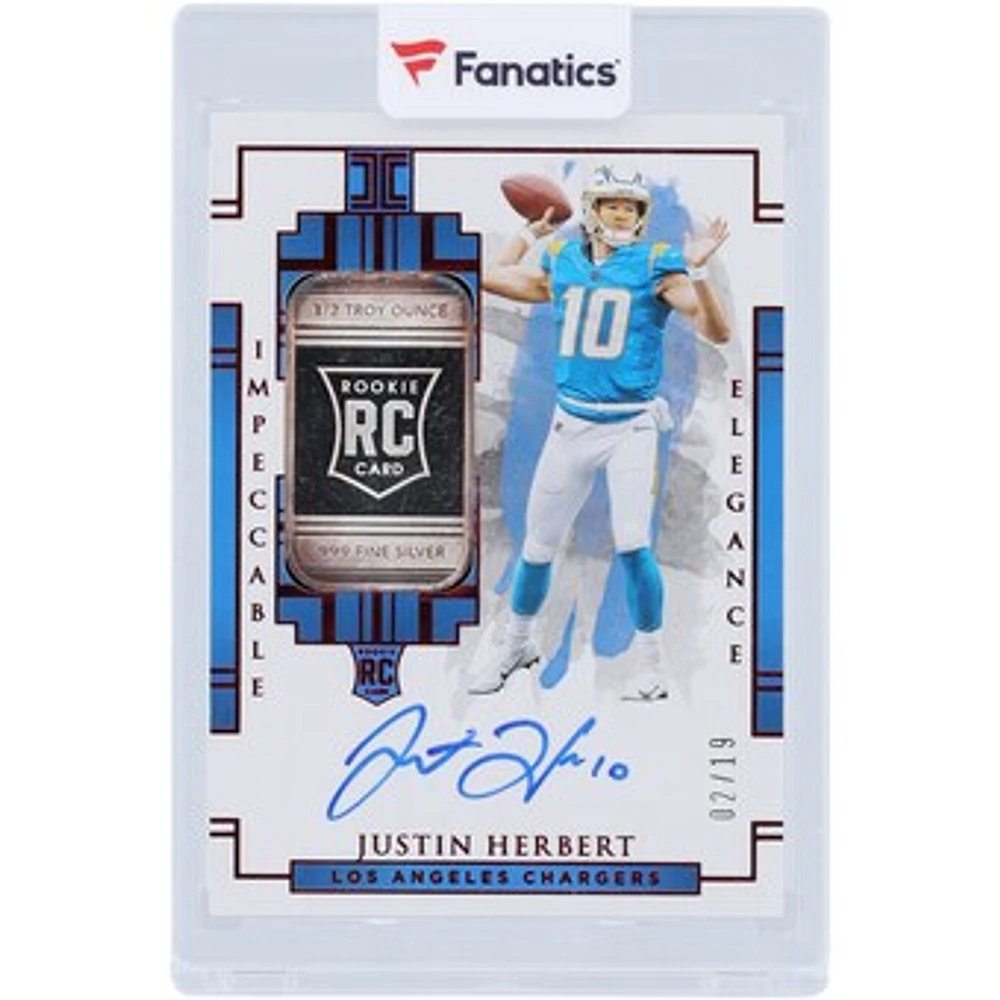 Justin Herbert Los Angeles Chargers Autographed 2020 Panini Impeccable Silver Bar Relic #103 #2/19 Rookie Card