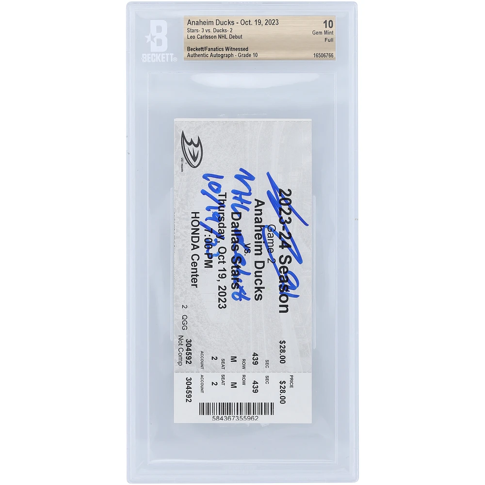 Leo Carlsson Anaheim Ducks Autographed NHL Debut Ticket with "NHL Debut 10/19/23" Inscription