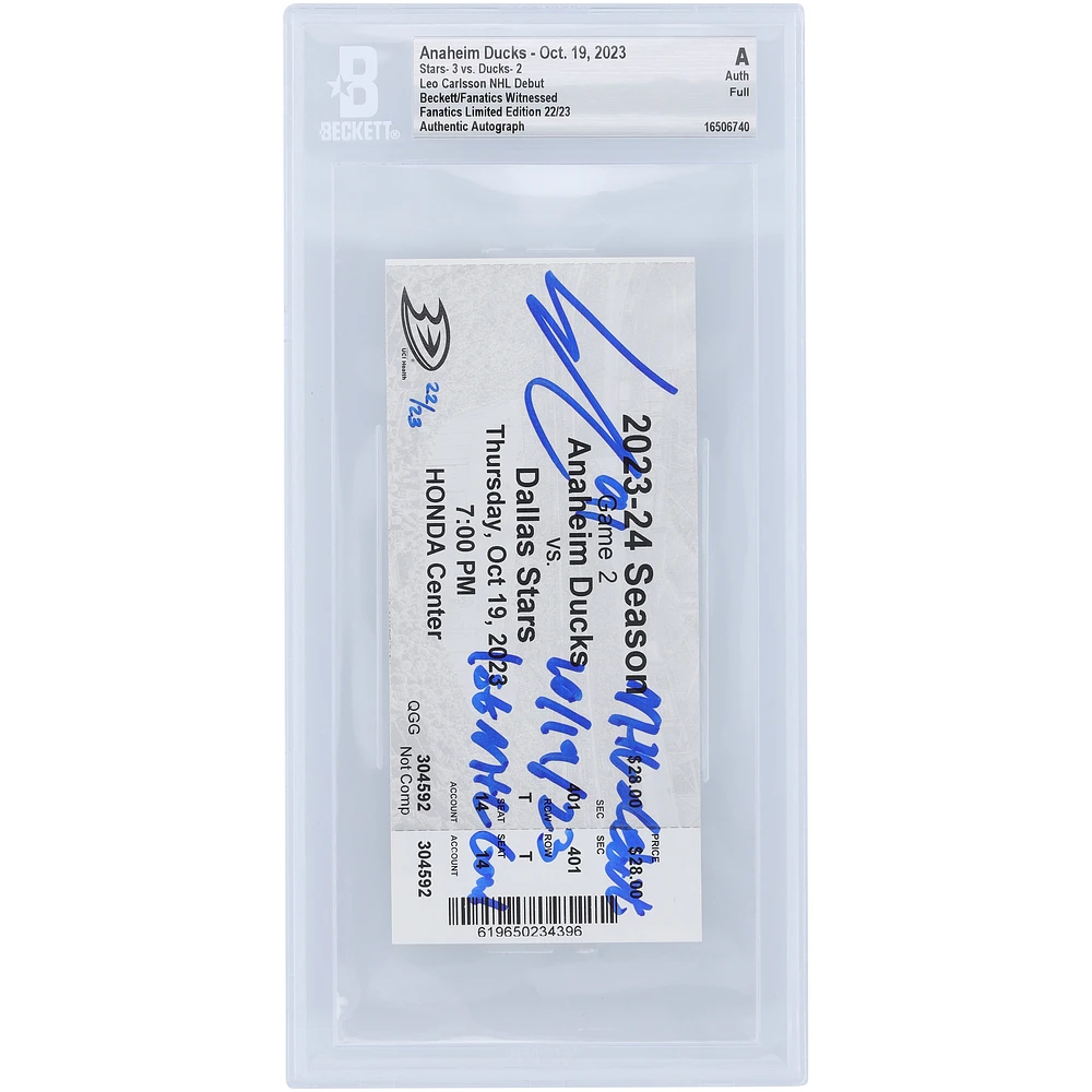 Leo Carlsson Anaheim Ducks Autographed NHL Debut Ticket with Multiple Inscriptions - BAS Authenticated - Limited Edition of 23