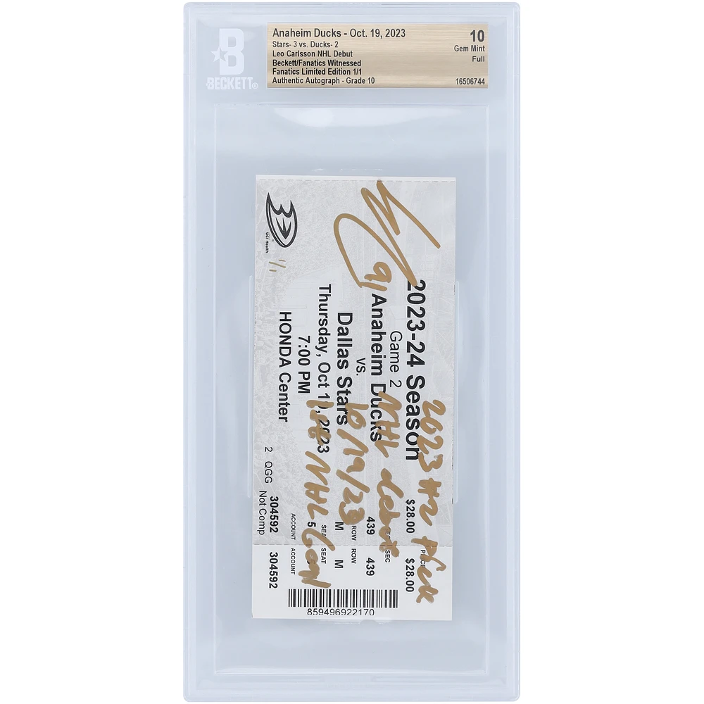 Leo Carlsson Anaheim Ducks Autographed NHL Debut Ticket with Multiple Inscriptions - Signed in Gold - BAS Authenticated 10 - Limited Edition #1/1