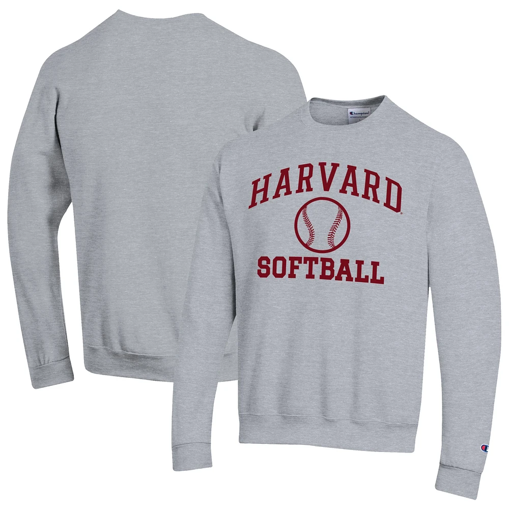 Men's Champion Gray Harvard Crimson Icon Softball Powerblend Pullover Sweatshirt