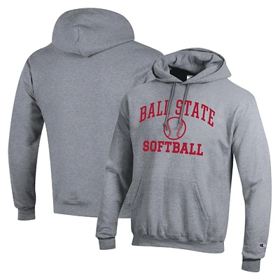Men's Champion Gray Ball State Cardinals Icon Softball Powerblend Pullover Hoodie