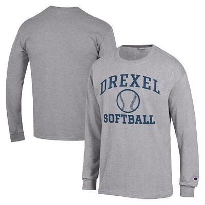 Men's Champion Gray Drexel Dragons Icon Softball Powerblend Long Sleeve T-Shirt