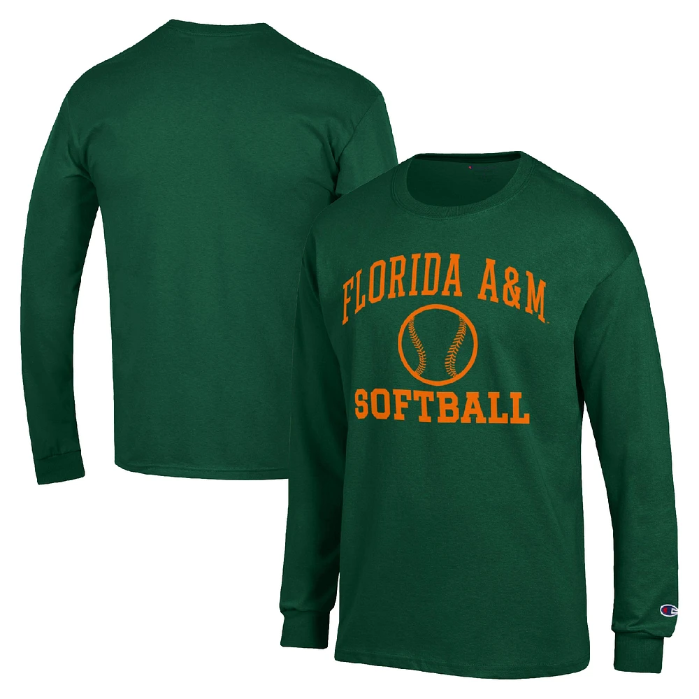 Men's Champion Green Florida A&M Rattlers Icon Softball Powerblend Long Sleeve T-Shirt