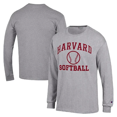 Men's Champion Gray Harvard Crimson Icon Softball Powerblend Long Sleeve T-Shirt