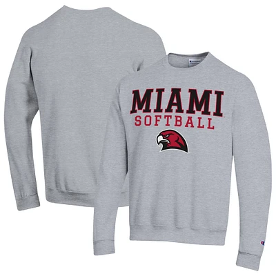 Men's Champion Gray Miami University RedHawks Stack Logo Softball Powerblend Pullover Sweatshirt