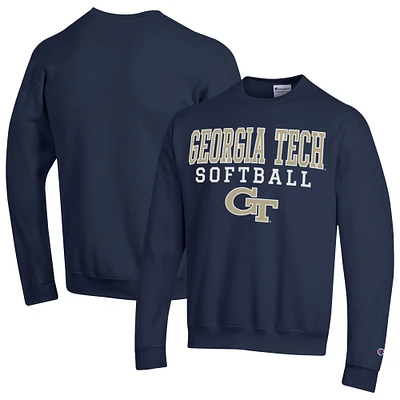 Men's Champion Navy Georgia Tech Yellow Jackets Stack Logo Softball Powerblend Pullover Sweatshirt