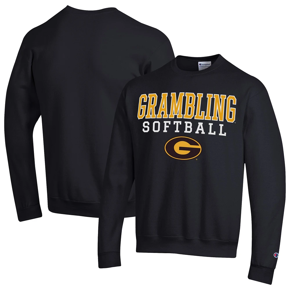 Men's Champion Black Grambling Tigers Stack Logo Softball Powerblend Pullover Sweatshirt