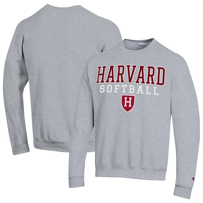 Men's Champion Gray Harvard Crimson Stack Logo Softball Powerblend Pullover Sweatshirt