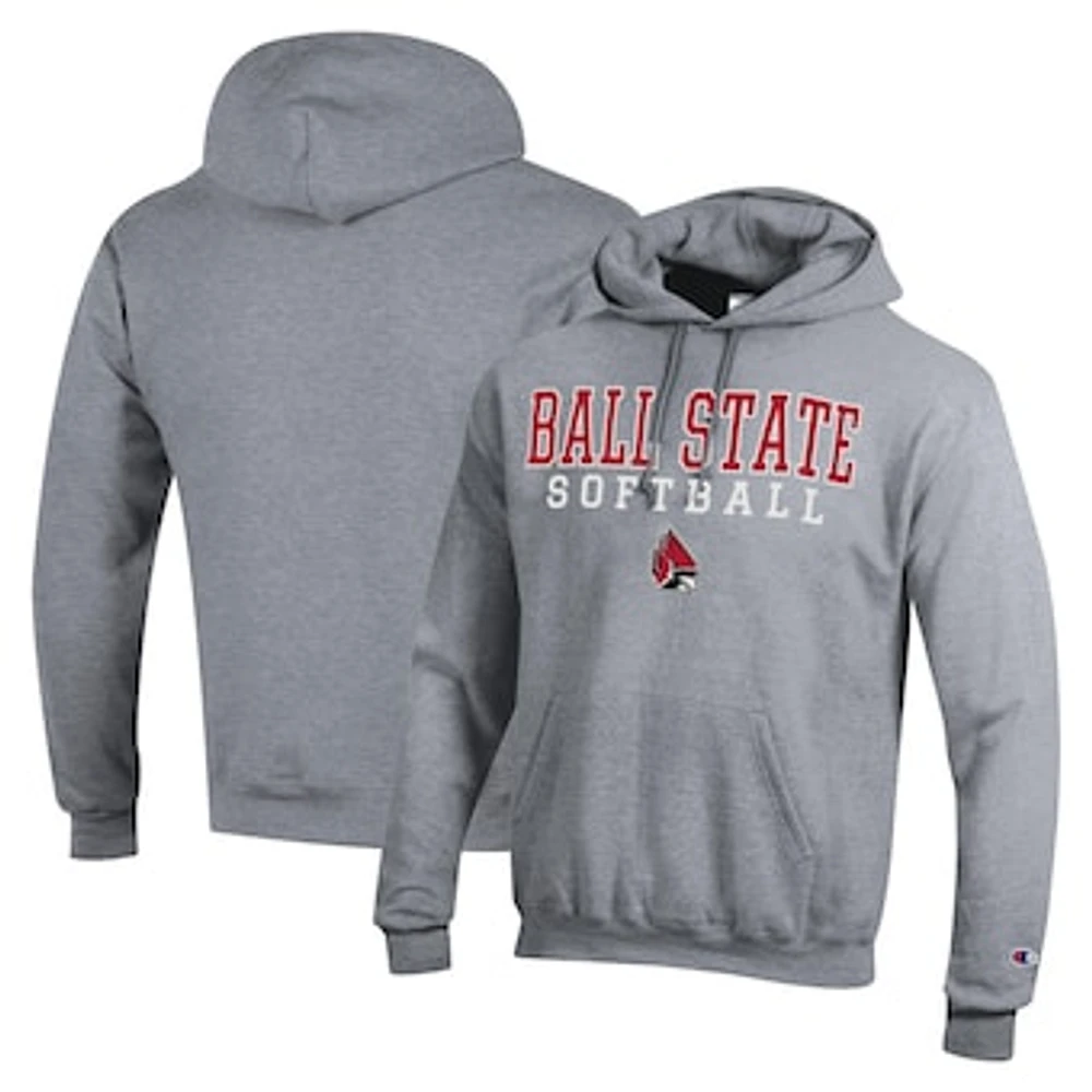 Men's Champion Gray Ball State Cardinals Stack Logo Softball Powerblend Pullover Hoodie