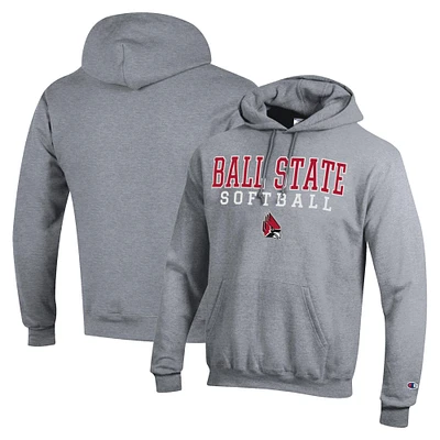 Men's Champion Gray Ball State Cardinals Stack Logo Softball Powerblend Pullover Hoodie