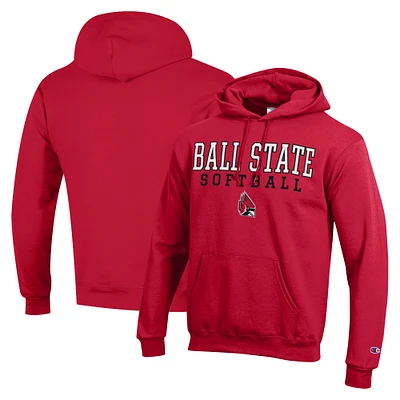 Men's Champion Cardinal Ball State Cardinals Stack Logo Softball Powerblend Pullover Hoodie