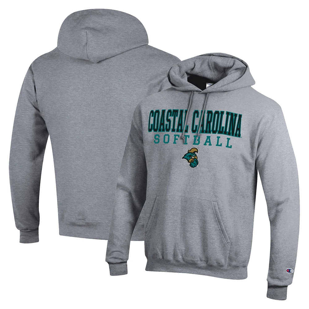 Men's Champion Gray Coastal Carolina Chanticleers Stack Logo Softball Powerblend Pullover Hoodie