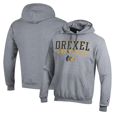 Men's Champion Gray Drexel Dragons Stack Logo Softball Powerblend Pullover Hoodie
