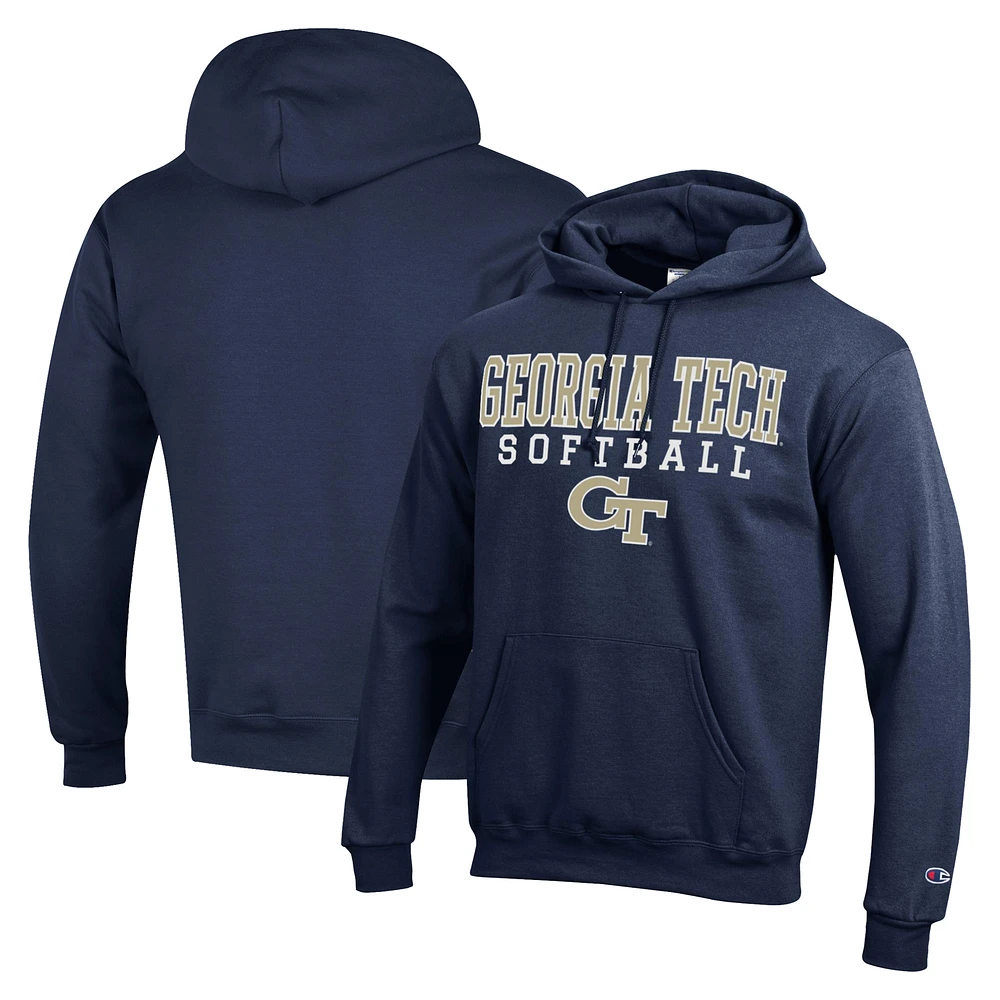 Men's Champion Navy Georgia Tech Yellow Jackets Stack Logo Softball Powerblend Pullover Hoodie