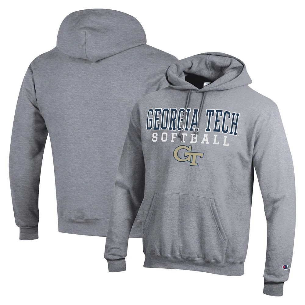 Men's Champion Gray Georgia Tech Yellow Jackets Stack Logo Softball Powerblend Pullover Hoodie