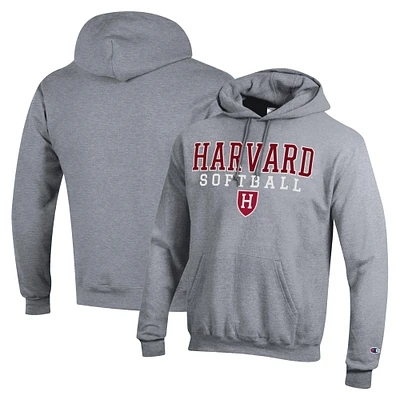Men's Champion Gray Harvard Crimson Stack Logo Softball Powerblend Pullover Hoodie