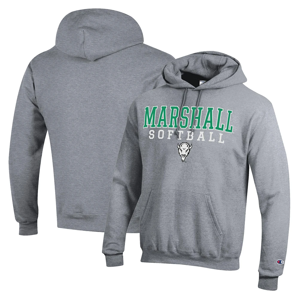 Men's Champion Gray Marshall Thundering Herd Stack Logo Softball Powerblend Pullover Hoodie