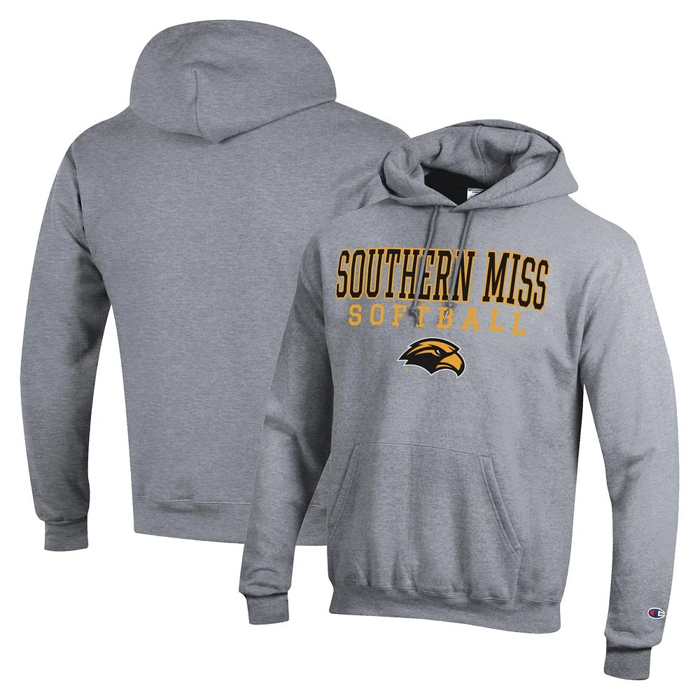 Men's Champion Gray Southern Miss Golden Eagles Stack Logo Softball Powerblend Pullover Hoodie