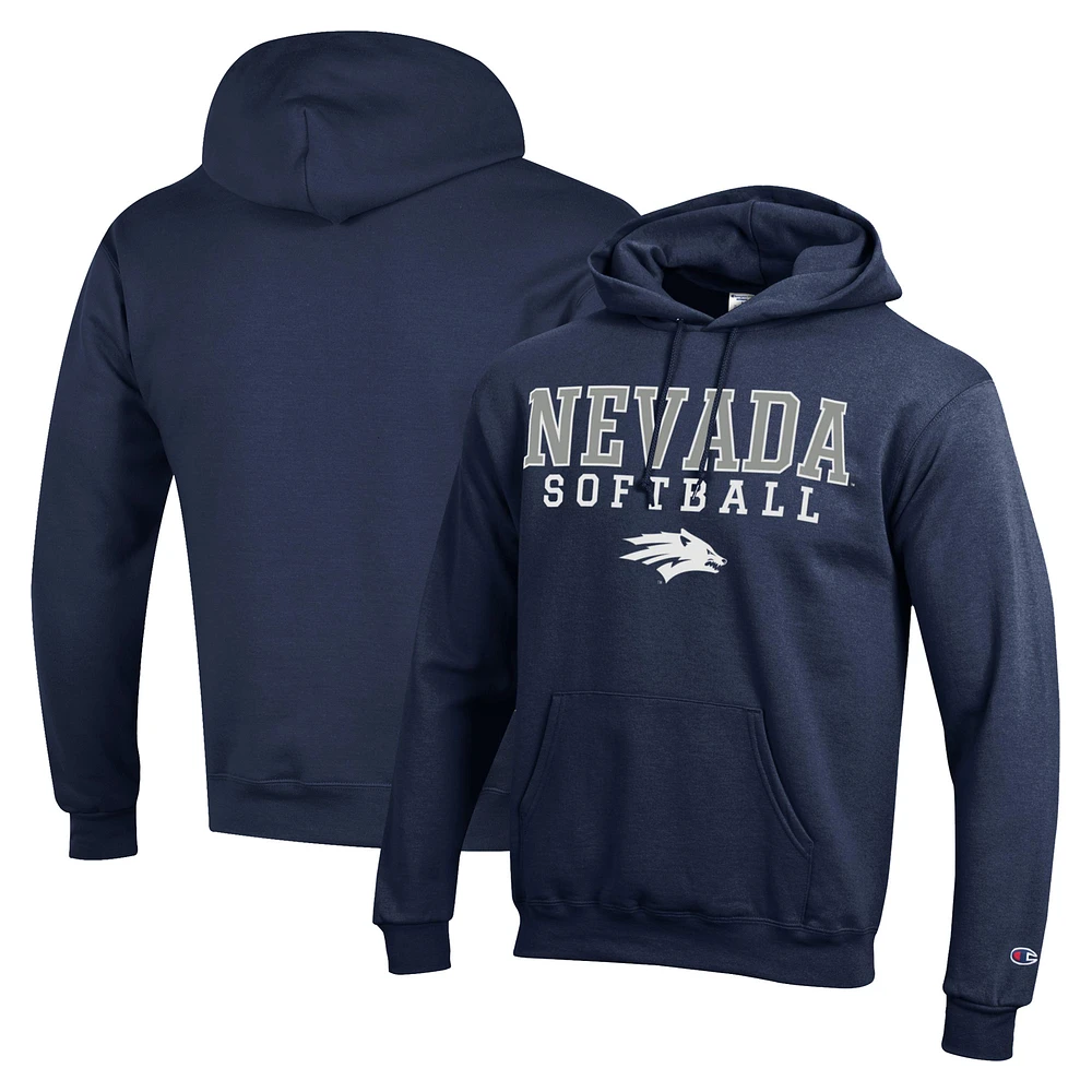 Men's Champion Navy Nevada Wolf Pack Stack Logo Softball Powerblend Pullover Hoodie