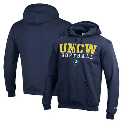 Men's Champion Navy UNC Wilmington Seahawks Stack Logo Softball Powerblend Pullover Hoodie