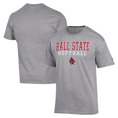 Men's Champion Gray Ball State Cardinals Stack Logo Softball Powerblend T-Shirt