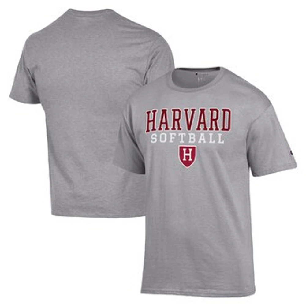 Men's Champion Gray Harvard Crimson Stack Logo Softball Powerblend T-Shirt