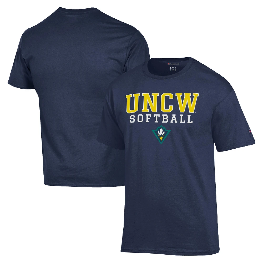 Men's Champion Navy UNC Wilmington Seahawks Stack Logo Softball Powerblend T-Shirt
