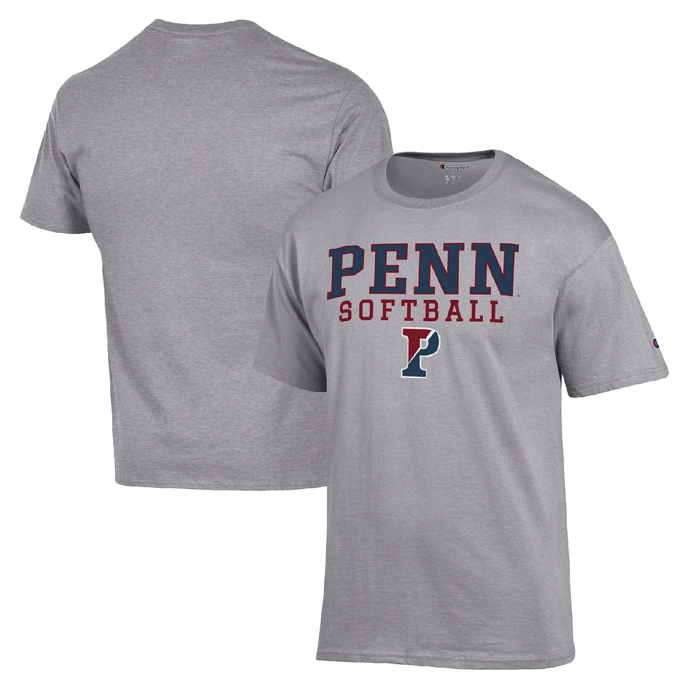 Men's Champion Gray Pennsylvania Quakers Stack Logo Softball Powerblend T-Shirt