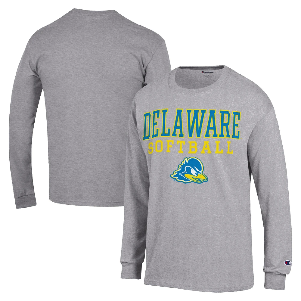 Men's Champion Gray Delaware Fightin' Blue Hens Stack Logo Softball Powerblend Long Sleeve T-Shirt