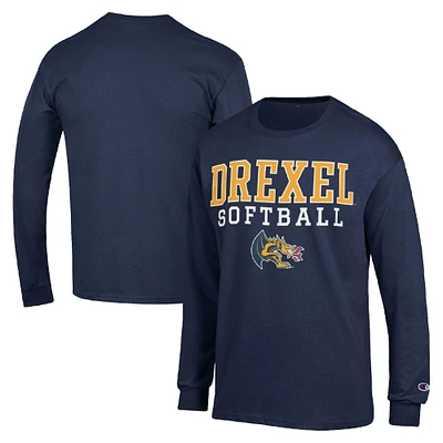 Men's Champion Navy Drexel Dragons Stack Logo Softball Powerblend Long Sleeve T-Shirt